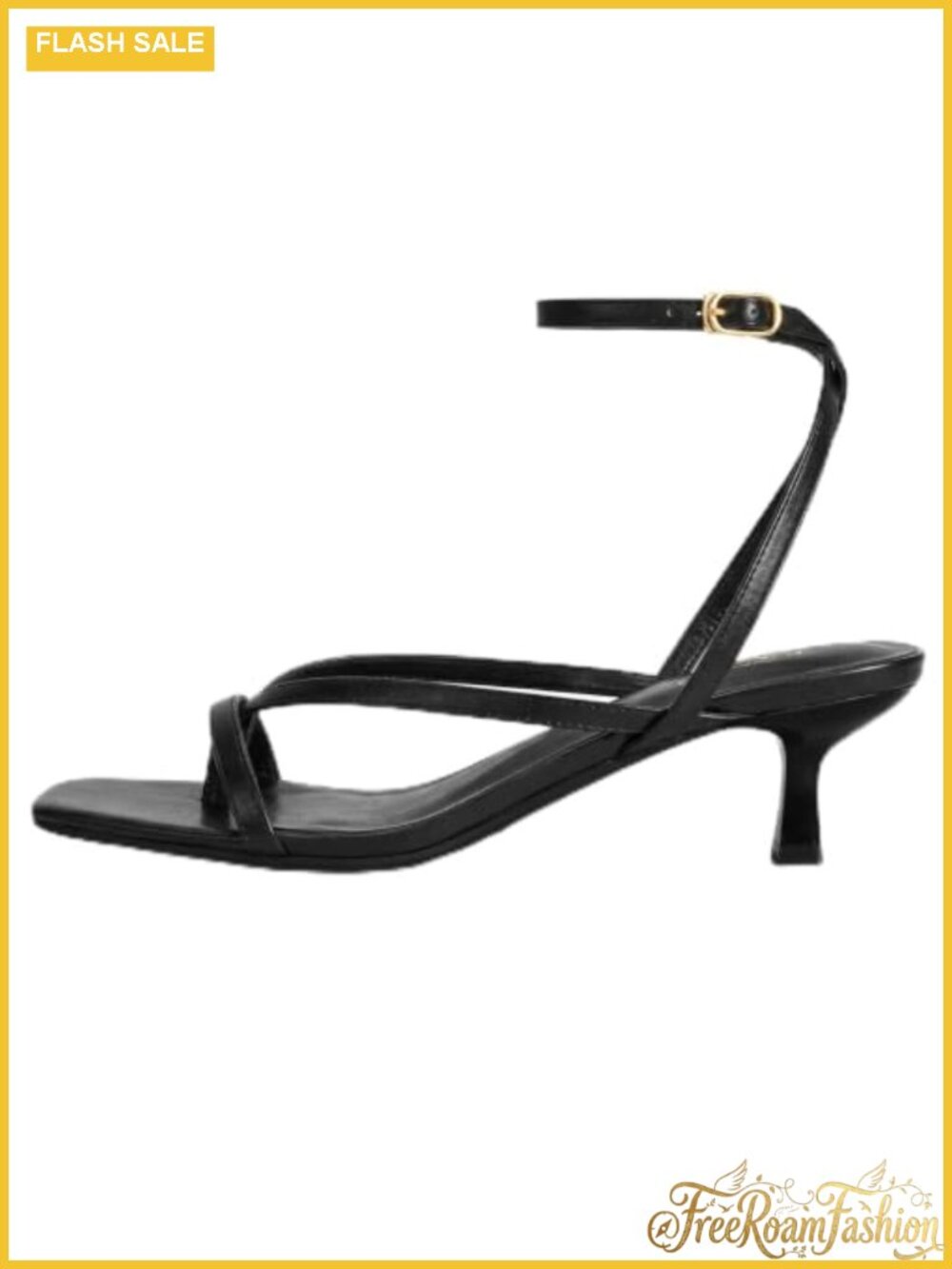 Strappy Kitten Heel Sandals Square Open Toe Ankle Strap Faux Leather
